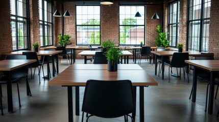 Fototapeta premium Chic Industrial Coworking Space with Natural Light and Greenery