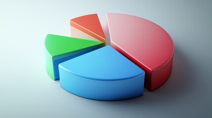 A clean D pie chart with bright blue, red, and green segments, displayed against a soft gray background with minimal lighting