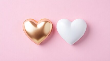 Fototapeta premium Two decorative hearts, one gold and one white, on soft pink background, symbolizing love and unity, perfect for romantic themes.