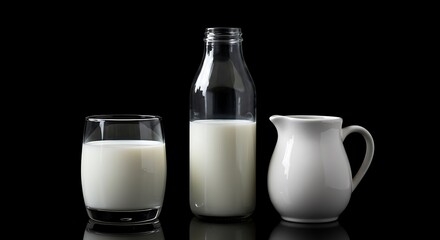 Still life composition featuring a glass of milk, a bottle, and a white creamer against black backdrop