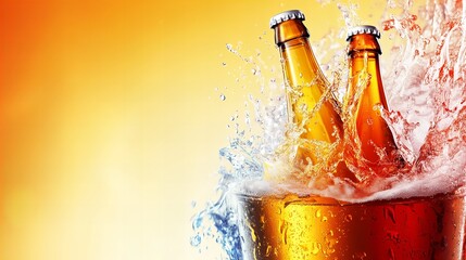 Two amber glass beer bottles are immersed in a splash of water inside a glass against an orange and yellow gradient background, creating a dynamic and
