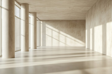 Obraz premium Spacious and tranquil empty room featuring soft light and tall windows, creating serene atmosphere with shadows on floor. Ideal for various design projects