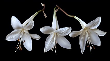 Fototapeta premium Three Elegant White Lilies Hanging Down Black Background Floral Still Life Photography