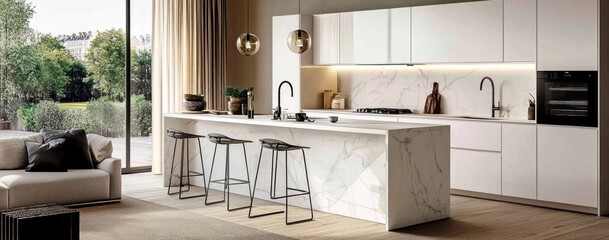 Modern kitchen with island seating and open view to the exterior