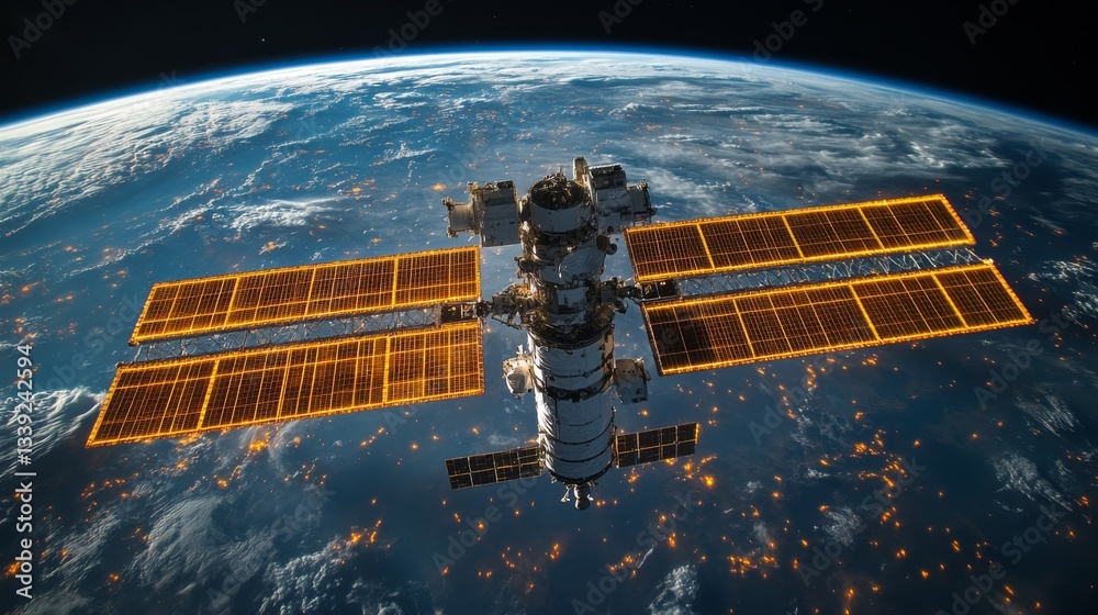 Poster A spacecraft orbits Earth, utilizing solar panels for energy while transmitting telemetry data. It contributes to astrophysical research by monitoring cosmic radiation and atmospheric conditions.