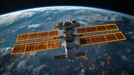 A spacecraft orbits Earth, utilizing solar panels for energy while transmitting telemetry data. It contributes to astrophysical research by monitoring cosmic radiation and atmospheric conditions.