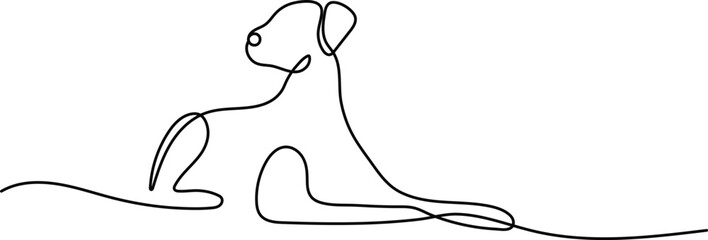 Playful dog in continuous line drawing style. Minimalist black linear sketch isolated on white background. Vector illustration of a playing puppy