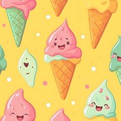 Happy Ice Cream Cones and Scoops Pastel Colors Summer Illustration