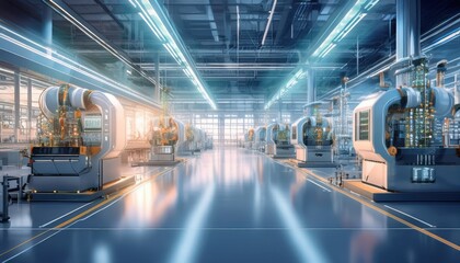 Fototapeta premium Advanced production equipment shines under bright lights in a space dedicated to manufacturing.