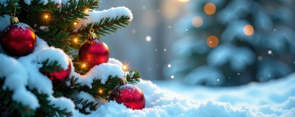 Obraz premium Sparkling snow-covered pine branches and ornaments , holiday, frost