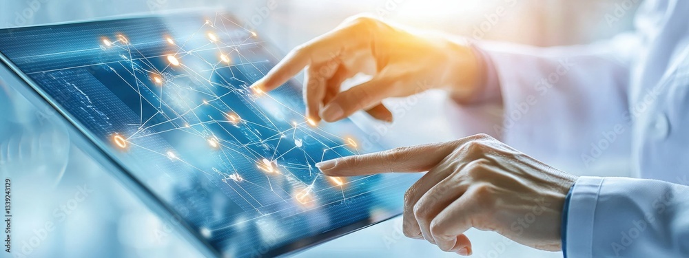 Poster hands interacting with digital interface on tablet displaying data