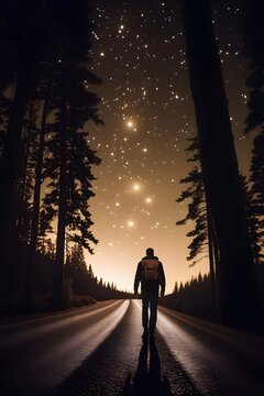 Lone Traveler Walking on a Dark Forest Road Under a Starry Sky &ndash; Atmospheric and Dreamlike Nighttime Adventure Scene with a Mysterious Silhouette, Illuminated Horizon, and Majestic Tall Trees