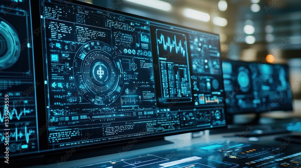 Poster futuristic digital interface with data visualization and analytics