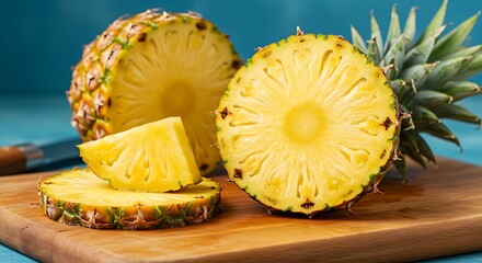 Pineapple slices on a wooden board with a knife and blue background showing fresh fruit detail close up