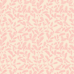 Seamless vector line leaf and twig pattern on green background. Hand drawn floral botanical wallpaper. Vector illustration.