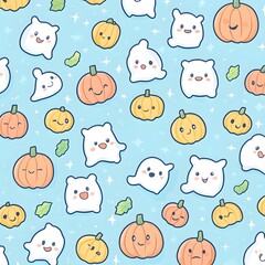 Obraz premium Cute Cartoon Pumpkins and Ghosts Seamless Pattern on Light Blue Background