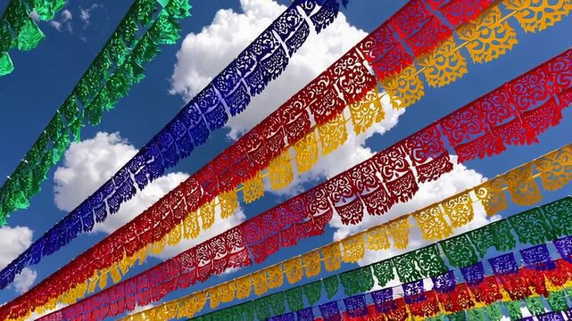 Papel picado against blue sky. Decoration for Mexican fiesta Cinco de mayo