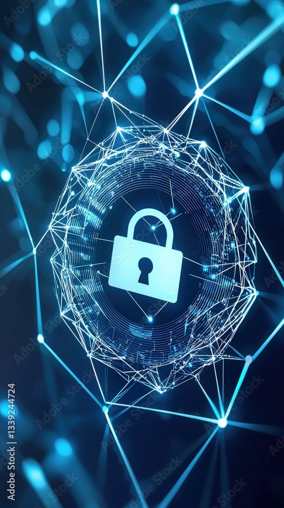 Poster digital security concept with padlock and abstract network design