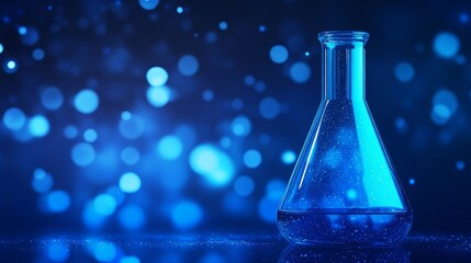 Blue glass flask filled with liquid, set against a blurred bokeh background of light