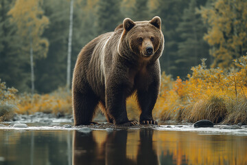 Fototapeta premium A mighty brown bear standing proudly by a river in the wild taiga, its powerful form towering against the backdrop of lush, untamed nature. 