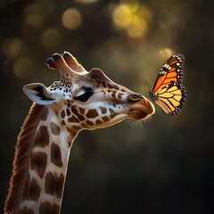Obraz premium Serene giraffe gazing at a butterfly in glowing sunlight