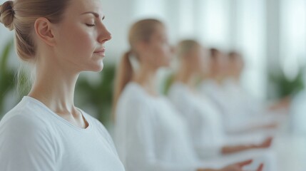 Obraz premium Group of women in white attire, serene expressions, practicing mindfulness in a bright, minimalist indoor space.