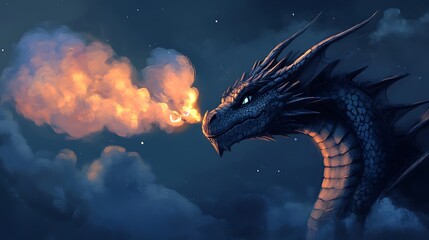 A majestic dragon breathes fire into a cloudy nighttime sky