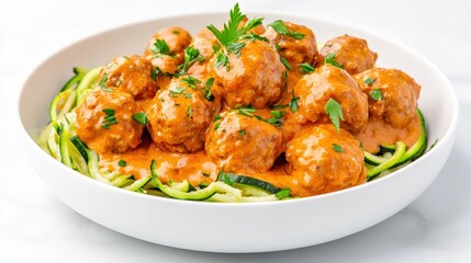Fototapeta premium Delicious meatballs served in a creamy sauce on a bed of zucchini noodles, garnished with fresh herbs, creating a healthy and appetizing dish.