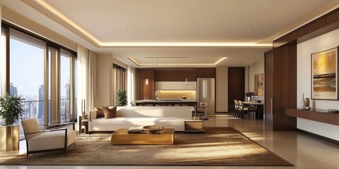 A luxurious modern apartment interior showcases elegance and sophisticated design