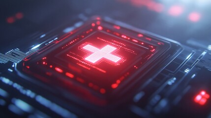 Obraz premium Futuristic tech close-up, glowing red circuit board with intricate patterns, highlighting innovation and digital advancements.