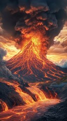 Fototapeta premium Majestic volcanic eruption displays molten lava flows and dark ash clouds at dusk in an awe-inspiring fiery spectacle