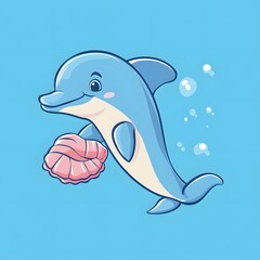 Naklejka premium Playful Cartoon Dolphin with Pink Seashell in Light Blue Water