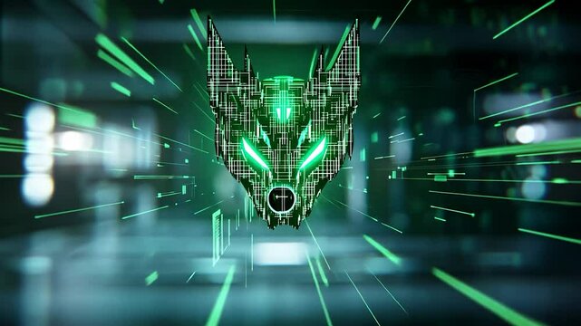 Futuristic digital wolf emblem radiating energy in a high-tech environment with glowing accents