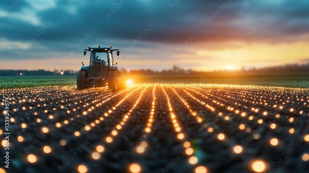 Poster a tractor operates in expansive agricultural fields, utilizing modern technology to enhance crop sel