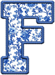 Blue Chinoiserie Letter F PNG, Sublimation Letters, Blue Toile College, Faux Embroidery Alphabet,...