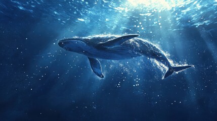 Fototapeta premium Blue whale swimming underwater in ocean
