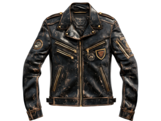 A detailed view of a worn black leather biker jacket with gold accents on Isolated on white transparent background