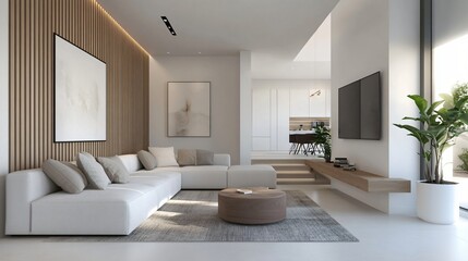 Fototapeta premium Modern living room featuring a cozy white sofa, sleek furniture, large windows, minimalistic decor, inviting atmosphere, ample copy-space.
