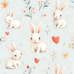 Adorable White Bunnies and Delicate Flowers Watercolor Seamless Pattern