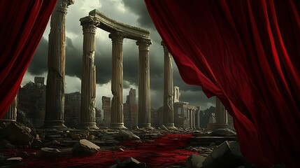 Ides of March casts broken Roman columns under brooding skies, scarlet veils parting for text on the right side