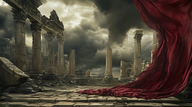 Ides of March casts broken Roman columns under brooding skies, scarlet veils parting for text on the right side