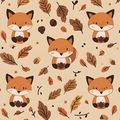 Cute Orange Foxes and Autumn Leaves Seamless Pattern