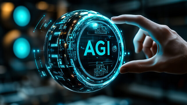 Human hand touches letters AGI on holographic screen. Future artificial general intelligence. A moment of transformation—humanity reaching toward a new era where surpasses boundaries. Soft filter.