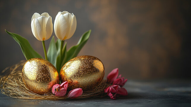 Golden Easter Eggs with White Tulips and Pink Flowers in Nest - Powered by Adobe