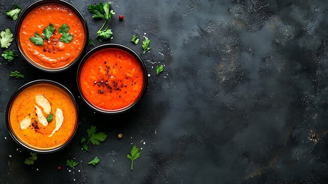 Three bowls of vibrant red soup with garnish on dark background.