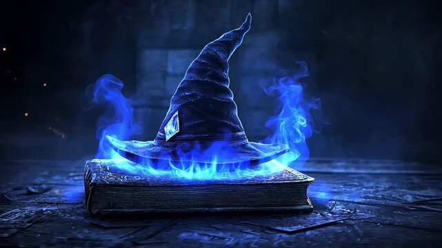 Enchanted Wizard Hat Resting on Ancient Spellbook Surrounded by Mystical Blue Flames in a Dark Mysterious Environment