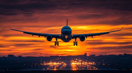 Airplane landing approaching runway at dusk with dramatic orange sky in photography