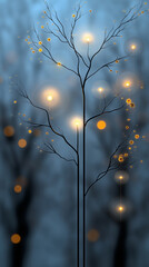 Minimal tree branches with glowing lights, abstract nature composition with yellow orbs, surreal plant structure on blue background, fantasy atmosphere for creative or dreamlike concepts