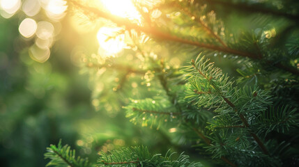 Obraz premium Lush green pine branches illuminated by warm sunlight create serene atmosphere