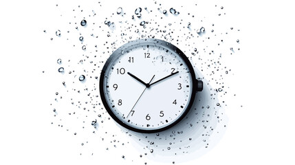 A high-angle, close-up shot of a simple, round analog clock with black hands and numerals on a white face, set against a white background.  The clock is surrounded by numerous small, scattered